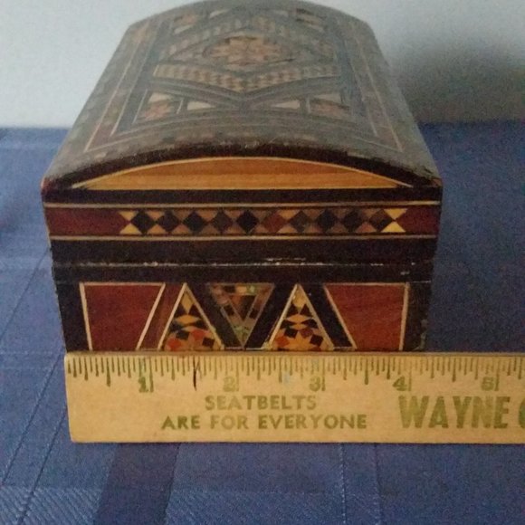 Vintage Wooden Inlaid Box, Jewelry Box, Trinket Box Lined Red - Picture 7 of 10